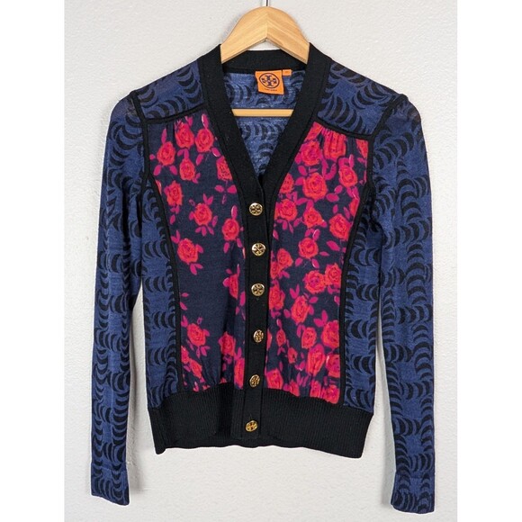 Tory Burch Cardigan Sweater Womens XS Merino Wool Button Up Floral 41184J07 - Picture 1 of 9